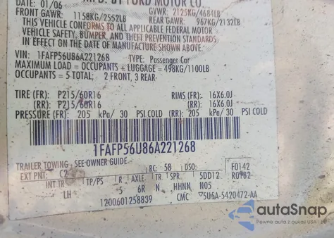 2006 Ford Taurus Sel из США, поврежденный, VIN 1FAFP56U86A221268